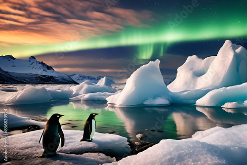 Landschaft mit bunten Nordlichtern und Pinguinen im Eis