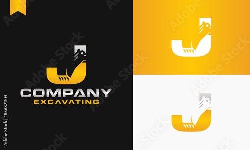 excavator letter J logo design excavating vector template illustration