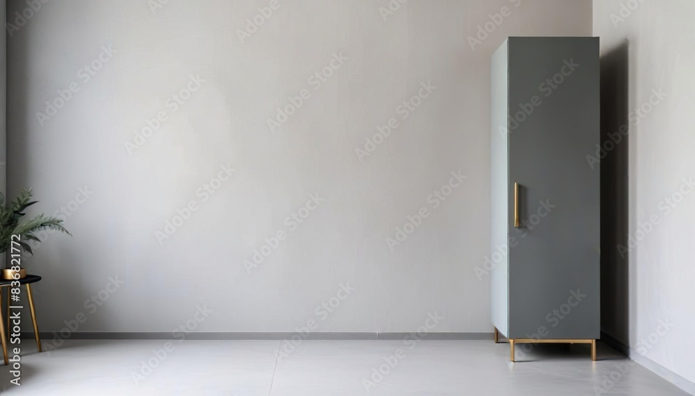 Grey cabinet against wall with copy space. Minimalist interior design of modern living room, home Grey cabinet against wall with copy space. Minimalist interior design of modern living room, home