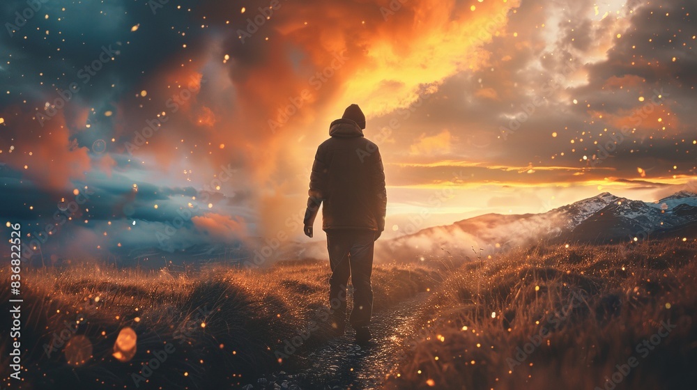 A man is walking through a field of dry grass A man is walking through a field of dry grass