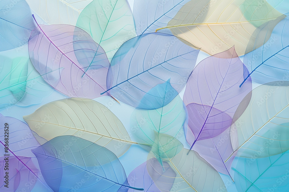 Colorful transparent leaves background, blue sky background, pastel colors, delicate, high-resolution