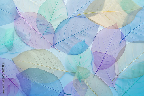 Colorful transparent leaves background  blue sky background  pastel colors  delicate  high-resolution