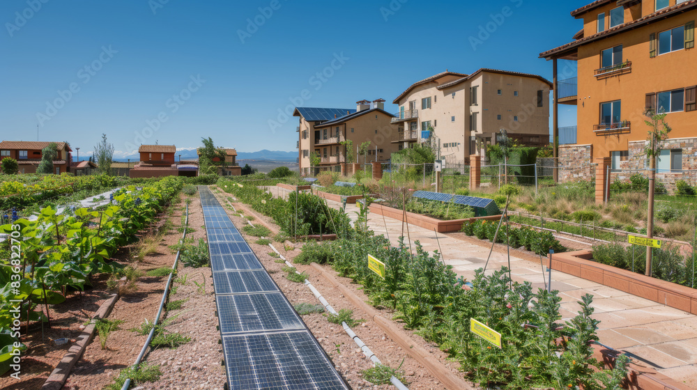 A lush, green garden with native plants and solar-powered drip irrigation, under a clear blue sky.
