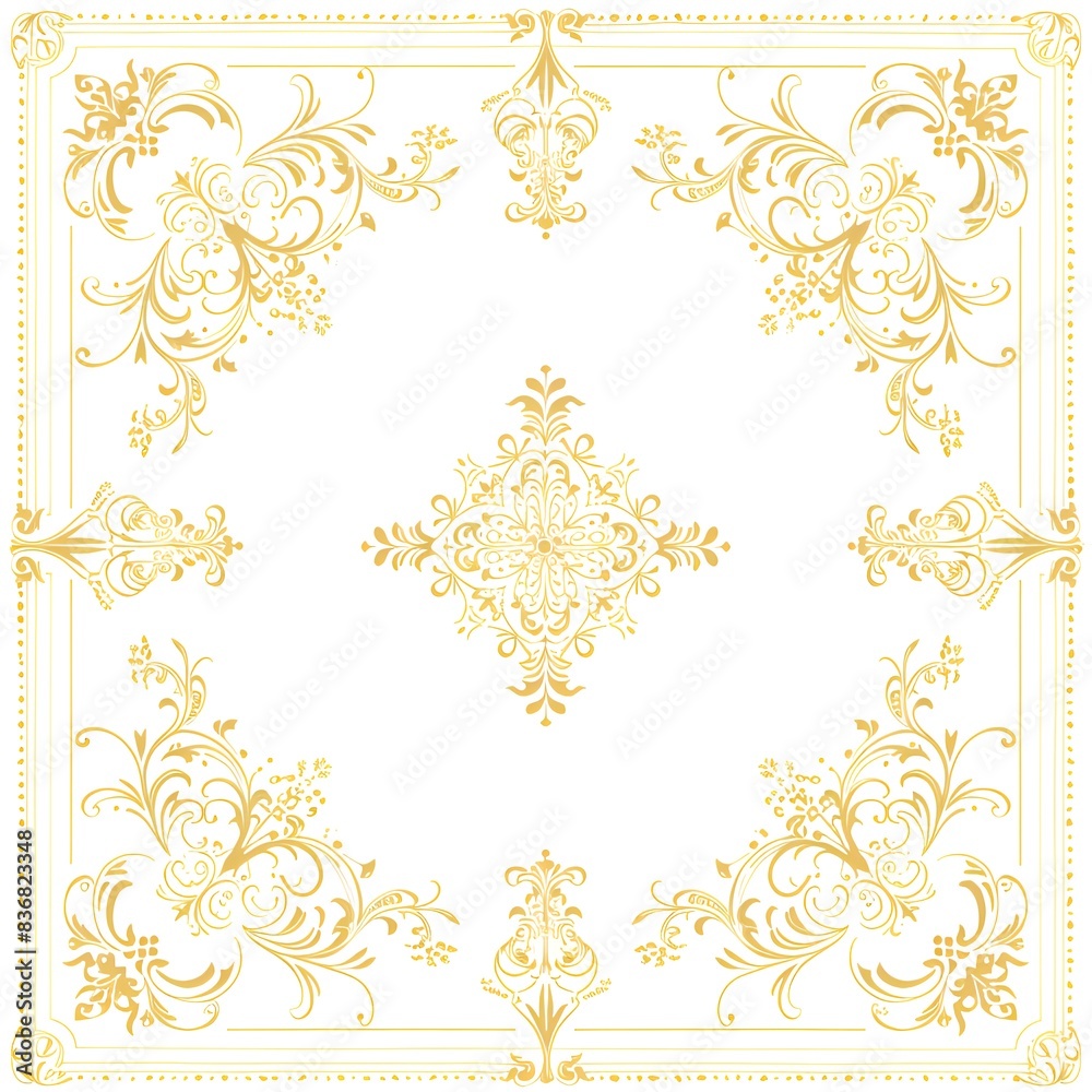 A gold and white patterned square with a diamond in the center. The diamond is surrounded by a floral design A gold and white patterned square with a diamond in the center. The diamond is surrounded by a floral design