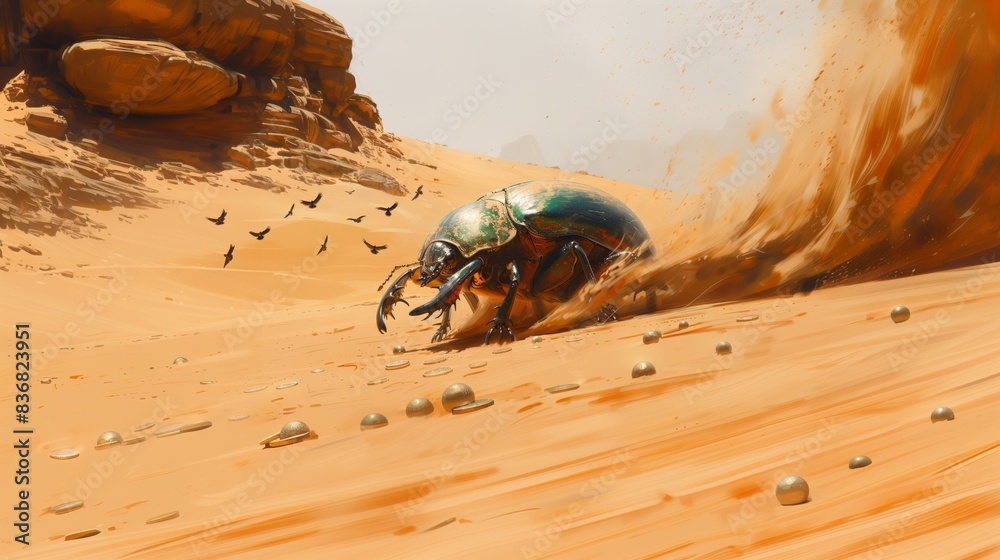 Obraz premium scarab beetle in desert with golden coins