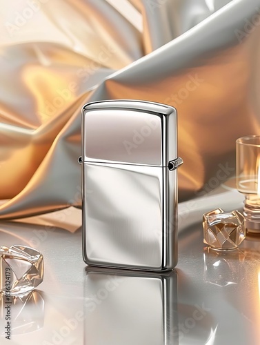 Close-up of a sleek, polished metal lighter with luxurious background elements including fabric and glass decorations. photo