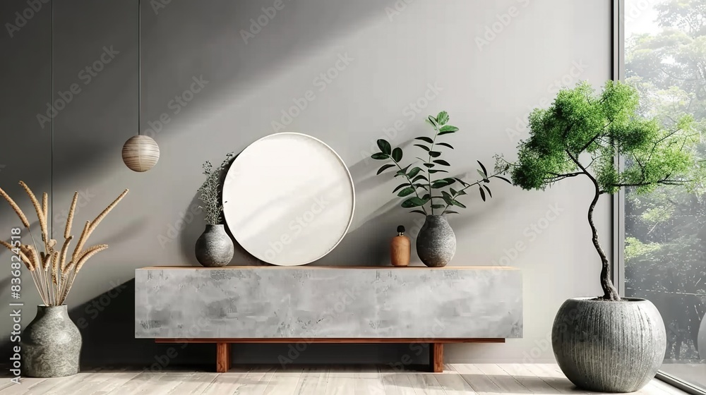 Grey cabinet against wall with copy space. Minimalist interior design of modern living room, home Grey cabinet against wall with copy space. Minimalist interior design of modern living room, home