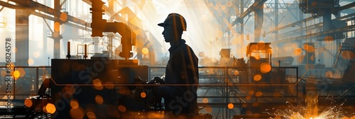 Silhouette of factory worker blends with heavy machinery and sparks in a dynamic banner image, Created with Generative AI.