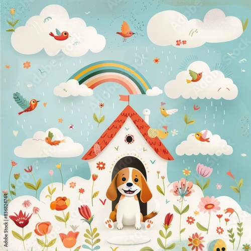 Children book illustration  Pastel drawing of A Beagle dog exploring around a dog house made of fluffy clouds  A Beagle dog happily sitting in front of a cloud dog house  A Beagle dog lying down next