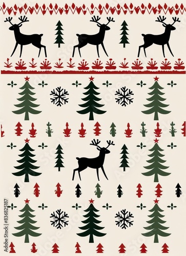 Festive Christmas pattern featuring reindeer  trees  and snowflakes in red  green  and black on a white background  perfect for holiday designs.