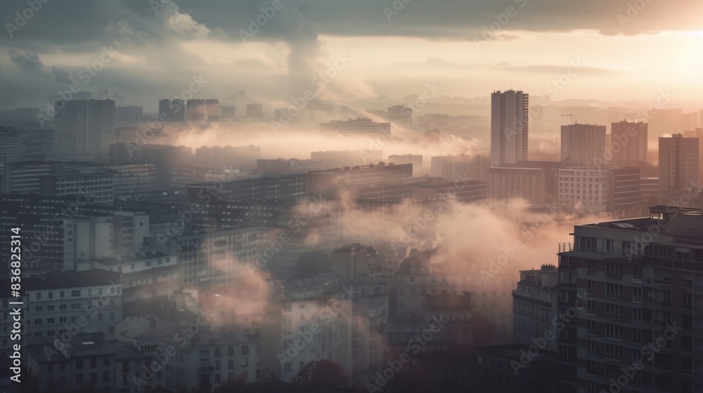 Foggy cityscape with a few buildings in the background