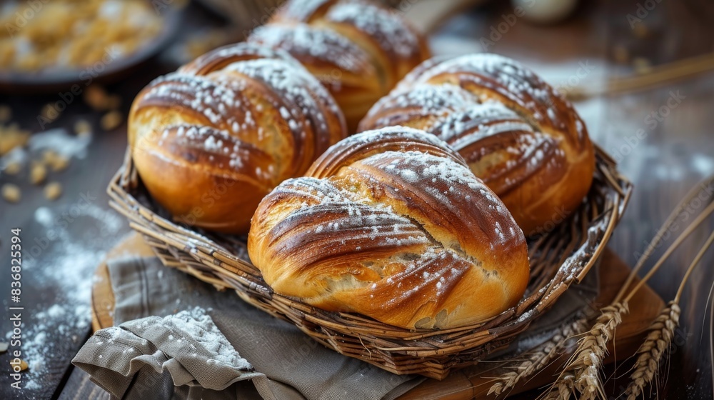A basket of four baked goods with powdered sugar on top A basket of four baked goods with powdered sugar on top