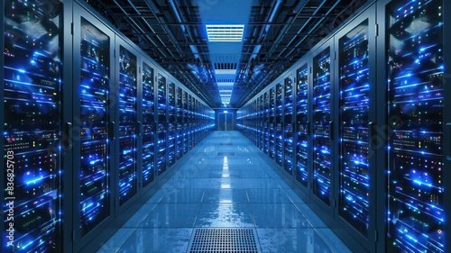 Modern data center with rows of server racks filled with glowing blue lights, showcasing advanced technology and cybersecurity infrastructure. photo