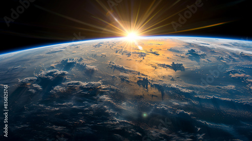 Beautiful view of planet Earth from space with the sun rising © Yuwarin