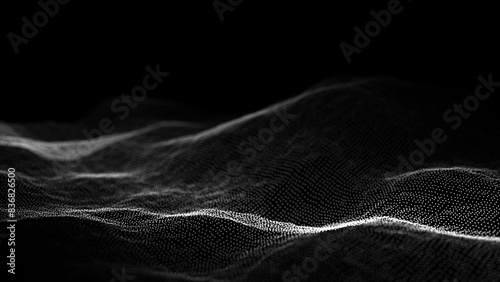 Black wave of particles. Big data visualization. Abstract background with a dynamic wave. 3d rendering.