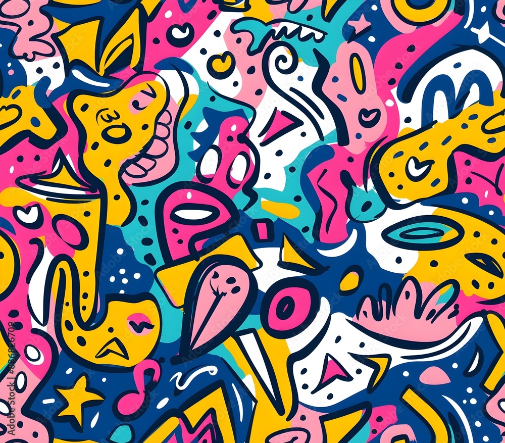 Vibrant Whimsical Cartoon Doodle Pattern with Playful Abstract Shapes and Contrasting Bright Colors