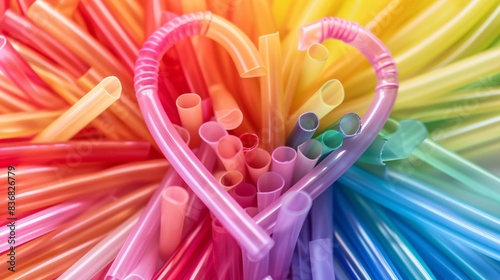 A close-up of rainbow-colored straws arranged in the shape of a heart, symbolizing love and LGBTQ+ celebration