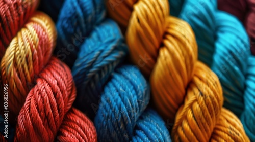 A bunch of colorful yarns are shown in a row