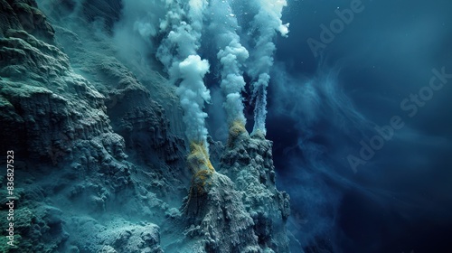 Underwater volcanic activity with smoke and steam creating a dramatic scene on the ocean floor  showcasing natural Earth s processes.