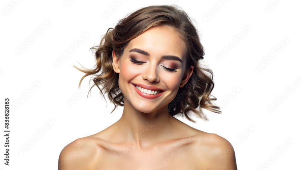 A close-up portrait of a smiling brunette woman with natural makeup A close-up portrait of a smiling brunette woman with natural makeup