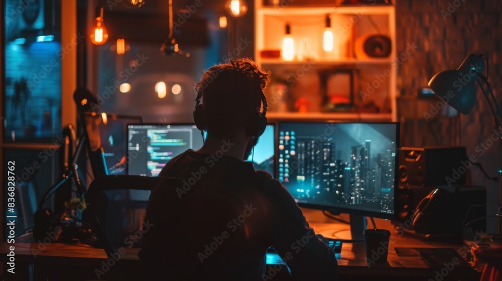 A man is sitting in front of two computer monitors A man is sitting in front of two computer monitors