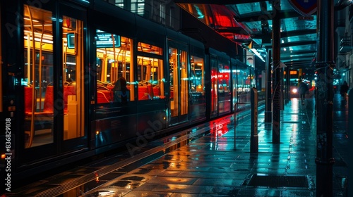 A train is parked on a wet street at night