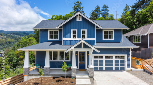 Minimalist Craftsman Style New Construction Sapphire Blue House with Clean Lines and Open Spaces in a Scenic Hilltop Setting © Hasnain Arts
