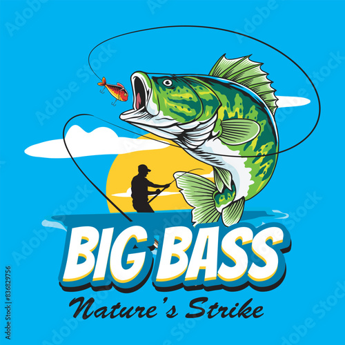 Fisherman Catch Big Bass Fish Sport Splash River Vector Cartoon for T-Shirt Graphic Design Colorful Illustration