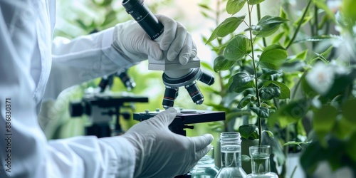 A scientist is looking at a plant under a microscope