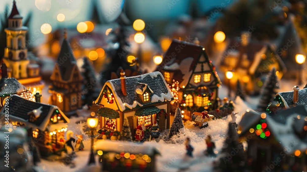 Fototapeta premium A festive holiday village scene with miniature houses, a bustling market, and joyful decorations, evoking the magic of Christmas.