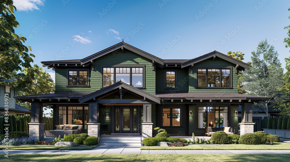 Sophisticated Craftsman Style New Construction Jade Green House Highlighting Modern, Minimalist Features in a Vibrant Suburban Community Sophisticated Craftsman Style New Construction Jade Green House Highlighting Modern, Minimalist Features in a Vibrant Suburban Community