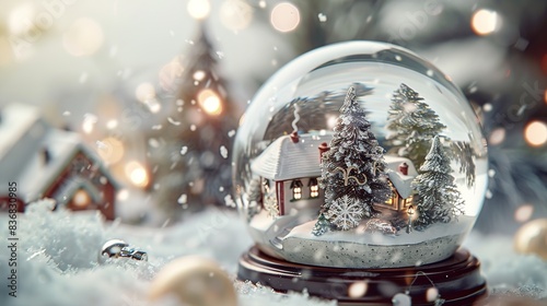 A whimsical snow globe featuring a miniature winter wonderland scene with a charming village and swirling snowflakes. 