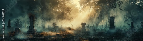 Foggy abandoned graveyard with tombstones and eerie light beams