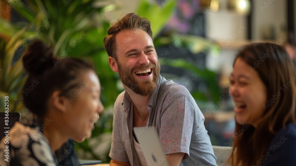 A diverse group of colleagues laughs and collaborates in an open office A diverse group of colleagues laughs and collaborates in an open office