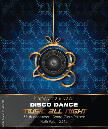 2025 Happy New Year disco club flyer with colorful elements. Ideal for poster and music background.