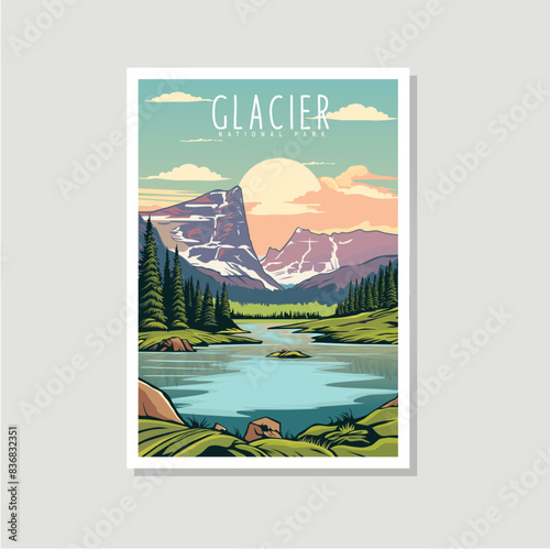 Glacier National Park poster illustration, Beautiful Mountain lake scenery and mountain goat poster design