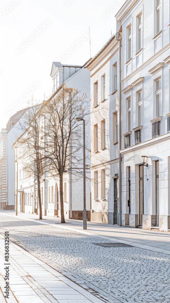 Naklejka premium Empty street with modern architecture and natural sun lighting. Urban scenes.