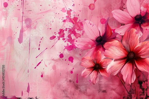 Artistic display of pink daisies against a pink paintsplattered backdrop photo