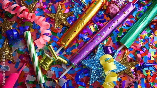 A colorful array of party favors and noise-makers, ready to add excitement to any New Year's Eve celebration. photo