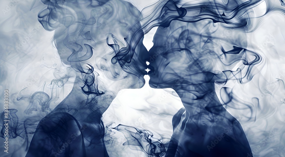A couple kissing in the air with smoke surrounding them. Scene is ...