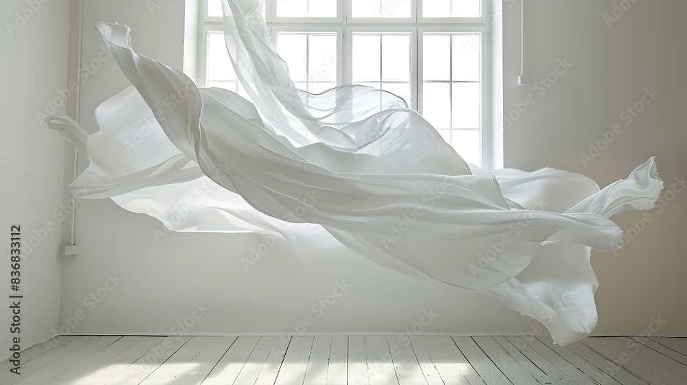 White fabric gently floating in mid-air, creating a dreamlike atmosphere. White fabric gently floating in mid-air, creating a dreamlike atmosphere.