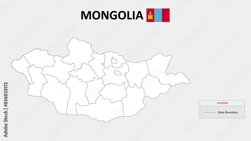Mongolia Map. State map of Mongolia. Administrative map of Mongolia with states names in outline.