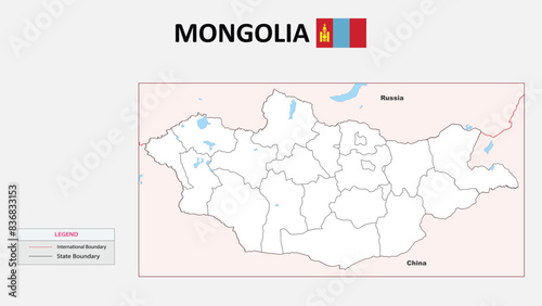 Mongolia Map. States map of Mongolia. Political map of Mongolia with outline and black and white design.