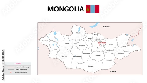 Mongolia Map. State map of Mongolia. Administrative map of Mongolia with state and capital in white color.