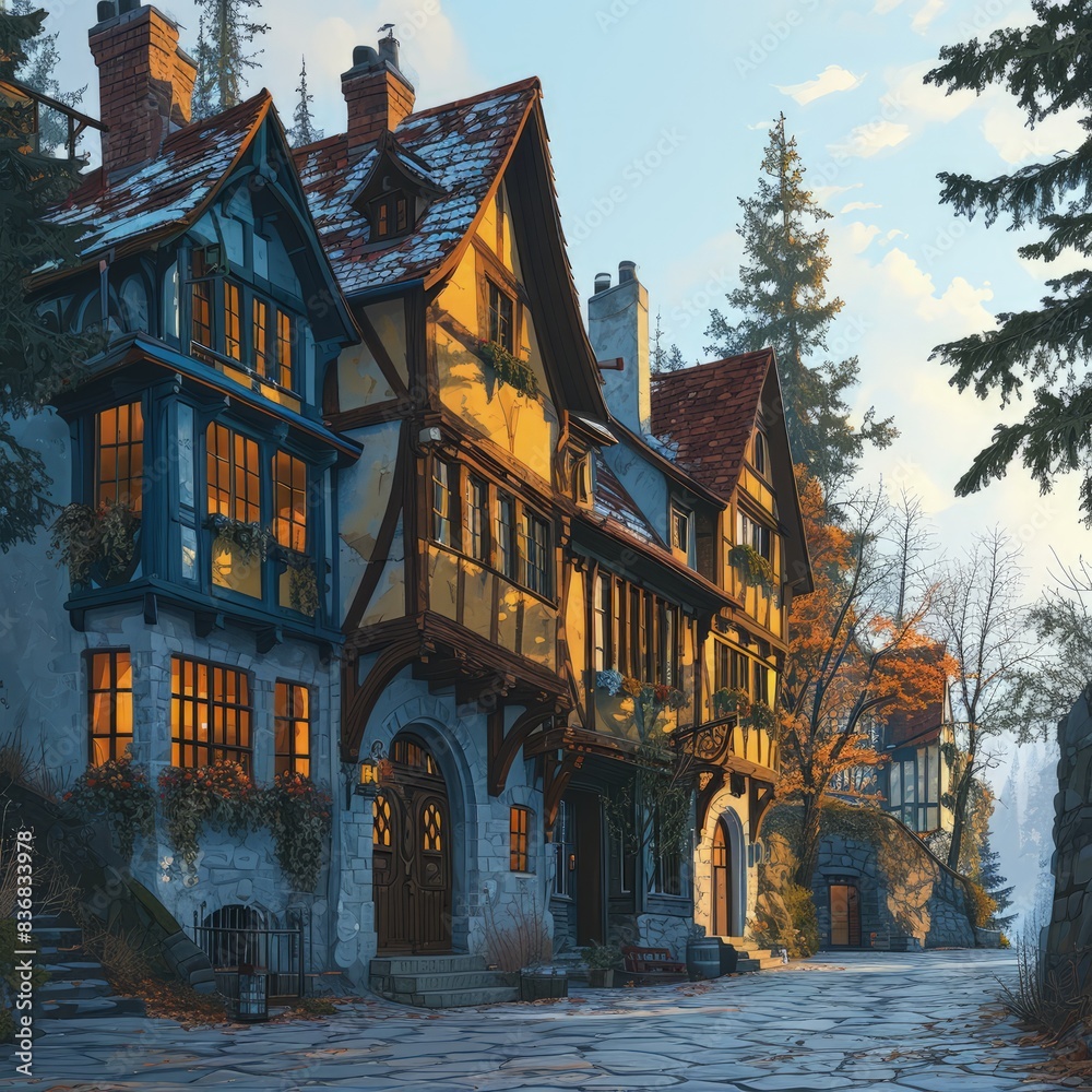 different versions of typical old English village houses, front view ...