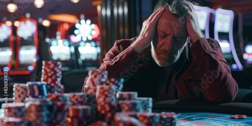 A middle-aged man sat in front of a pile of high chips, holding his head and crying, casino blurred background, entertainment, relaxation, pastime time, gambling is prohibited, gambling leads to prope photo