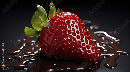A mouthwatering chocolate-covered strawberry, glistening with a glossy coat of dark chocolate 