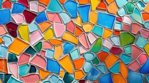 Abstract mosaic pattern with irregular shapes and bold colors creating a dynamic composition. 