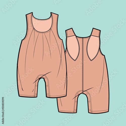Sleeveless Baby Romper Overall: Technical Fashion Flat Sketch Drawing Vector Illustration Template for Baby Girls. Explore Front and Back Views in Yellow, Perfect for Apparel Design Mockups