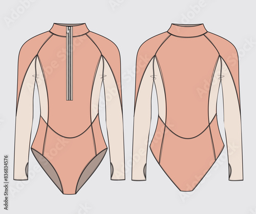 Stylish Women's Long-Sleeve Zip-Up Wetsuit Swimsuit: Front and Back CAD Mock-Up